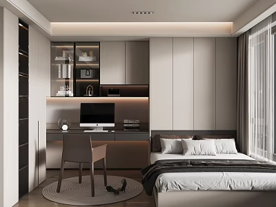 Modern Tatami Bedroom Interior Design With Bed Desk Chair And Built In Cabinets 3d model