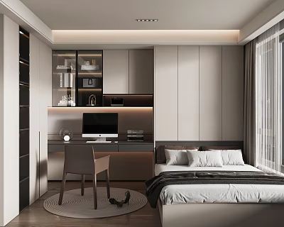 Modern Tatami Bedroom Interior Design With Bed Desk Chair And Built In Cabinets 3d model