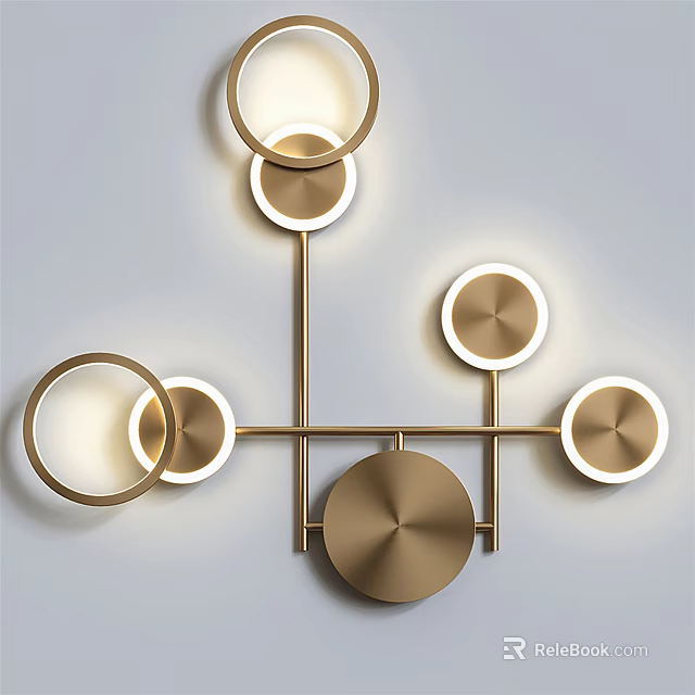 Modern Gold Metal Wall Lamp With Round Rings And Illuminated Decorative Discs 3d model 