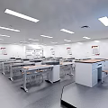 Modern Laboratory Interior With Lab Tables Stools Cabinets And Bright Ceiling Lighting 3d model