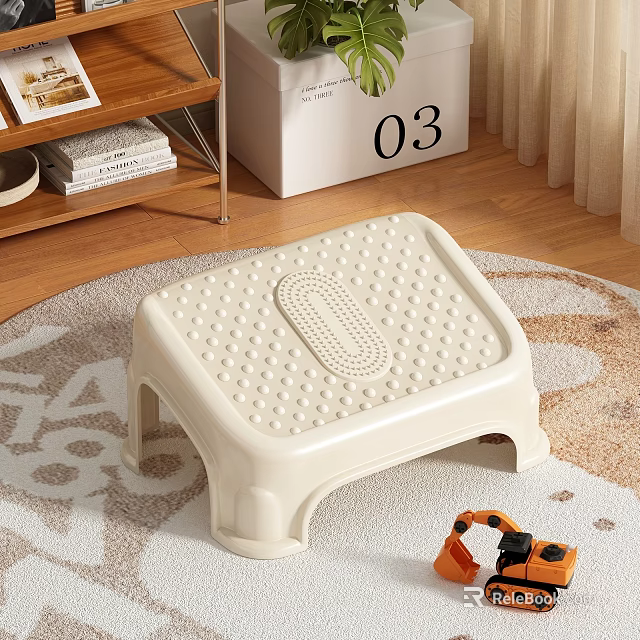 White Plastic Stool With Non Slip Dots On Carpet In Home Interior With Toy Car 3d model 