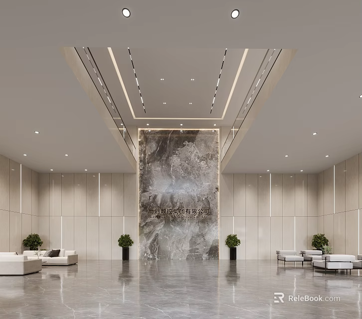 Modern Bright Corporate Reception Lobby With Marble Feature Wall And Comfortable Elegant Waiting Seats 3d model 
