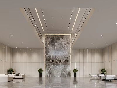Modern Bright Corporate Reception Lobby With Marble Feature Wall And Comfortable Elegant Waiting Seats 3d model