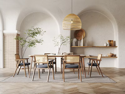 Wooden Dining Table Set with Chairs Hanging Pendant Light Arched Walls Plants and Shelves 3d model