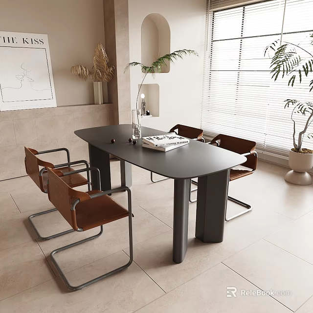 Modern Dining Table Set with Brown Leather Chairs Metal Frames Glass Vase and Green Plant 3d model 