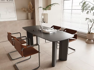 Modern Dining Table Set with Brown Leather Chairs Metal Frames Glass Vase and Green Plant 3d model