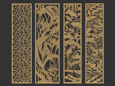 Golden Laser Cut Decorative Partition Screens With Floral And Bird Patterns 3d model