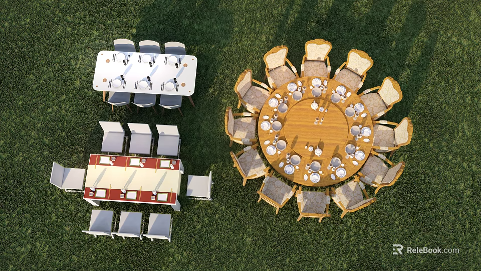 Outdoor Dining Table Set With Rectangular Round Tables And High Back Wooden Chairs On Grass 3d model 