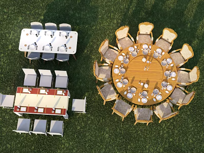 Outdoor Dining Table Set With Rectangular Round Tables And High Back Wooden Chairs On Grass 3d model