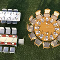 Outdoor Dining Table Set With Rectangular Round Tables And High Back Wooden Chairs On Grass
