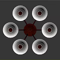 Classic Red Chandelier With Six White Shades And Metal Frame Design