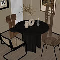 Modern Round Dark Wood Dining Table Set With Unique Chairs And Decorative Vase Candle