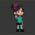 Game Movie Character With Purple Hair Pink Accessories Teal Hoodie And Smiling Waving Pose