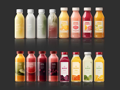 Assorted Bottled Beverages With Various Fruit Flavors And Colorful Labels 3d model