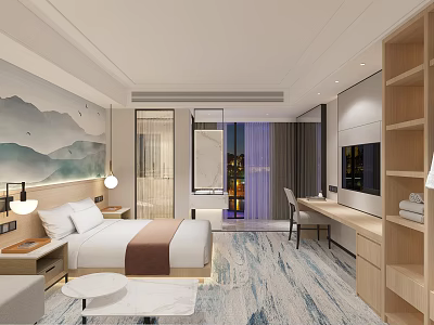 Hotel Guest Room Interior With Comfortable Bed Landscape Painting Patterned Carpet And Modern Decor 3d model