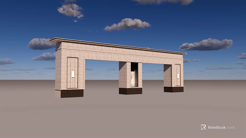 Brick Entrance Gate With Arch Structure Dark Base And Blue Sky Clouds 3d model 