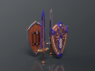 Fantasy Weapons Collection Featuring Decorated Swords And Wooden Shields With Blue Gold Patterns 3d model