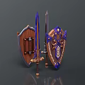 Fantasy Weapons Collection Featuring Decorated Swords And Wooden Shields With Blue Gold Patterns