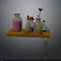 Laboratory Shelf with Bottles Colored Liquids and Funnel on Orange Wooden Stand