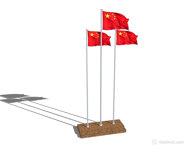 Three Flying Chinese National Flags on Flagpoles with Stone Base and Shadows 3d model 