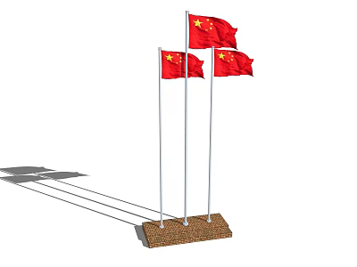 Three Flying Chinese National Flags on Flagpoles with Stone Base and Shadows 3d model