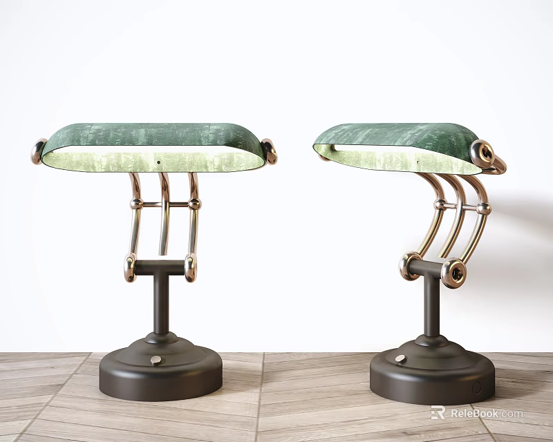 Vintage Table Lamps With Green Lampshades And Metal Stands On Wooden Floor 3d model 