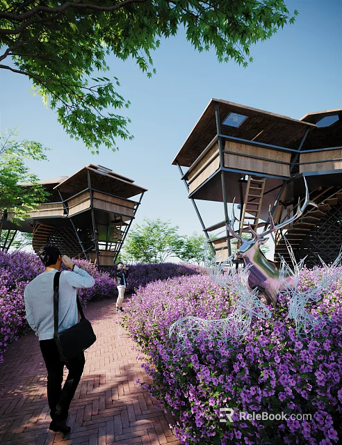 Scenic Wooden Pedestrian Pathway Through Purple Flower Field With Staircase And Deer Sculpture 3d model 