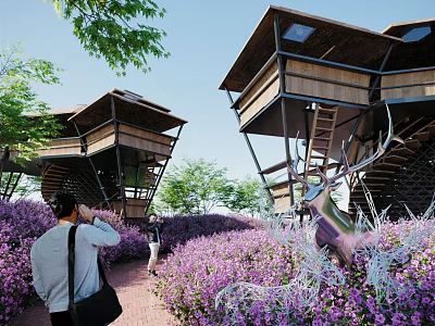 Scenic Wooden Pedestrian Pathway Through Purple Flower Field With Staircase And Deer Sculpture 3d model