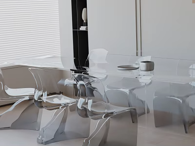Elegant Modern Dining Table Set With Glass Top Transparent Acrylic Chairs And Minimalist Design 3d model