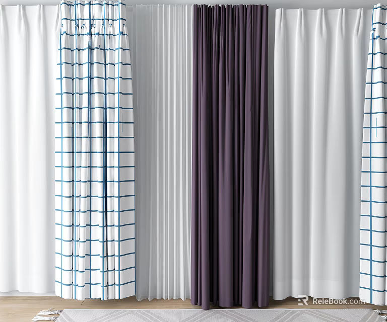 Various Curtains with Blue White Checkered White Dark Purple Designs for Home Decor 3d model 