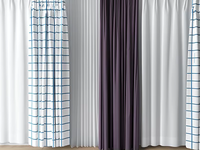 Various Curtains with Blue White Checkered White Dark Purple Designs for Home Decor 3d model