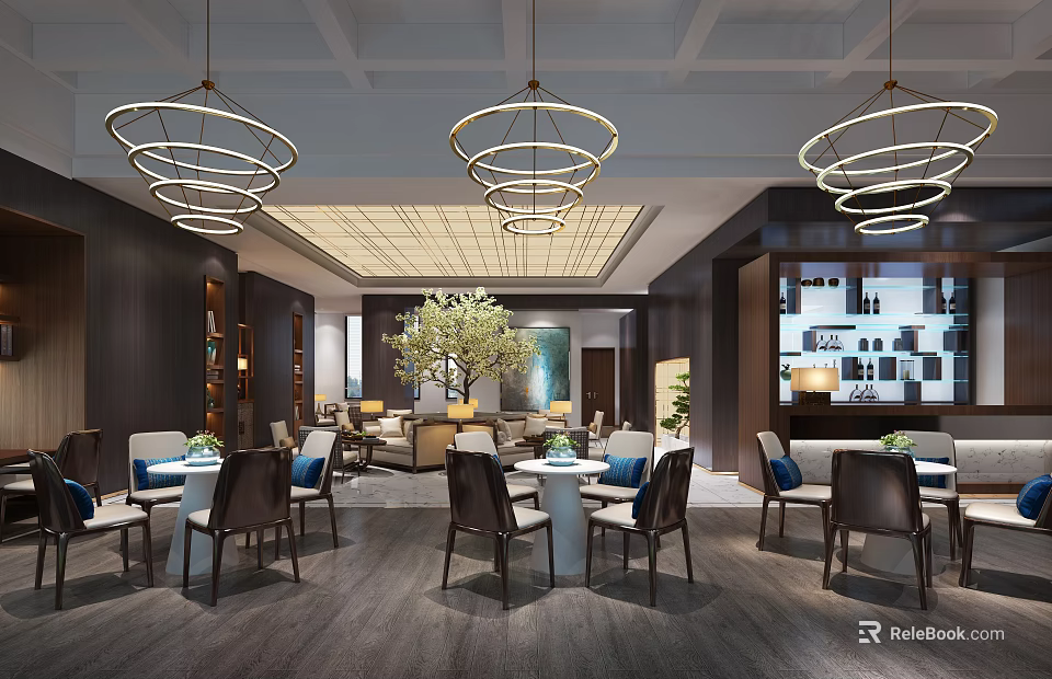 Hotel Public Lounge With Modern Hanging Chandeliers Wooden Decor And Green Plants 3d model 