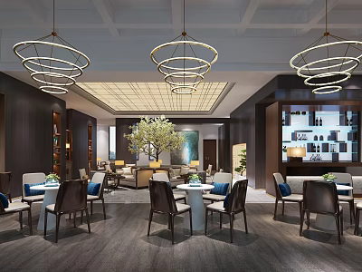 Hotel Public Lounge With Modern Hanging Chandeliers Wooden Decor And Green Plants 3d model