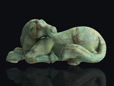 Ancient Reclining Animal Sculpture With Textured Greenish Surface And Reflection 3d model