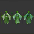 Three Elderly Men In Traditional Robes Holding Staffs Standing With Floor Reflections