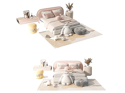 Adorable Pink Kids Bed With Stuffed Toys Nightstand Soft Rug And Pillows 3d model