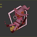 Pink Witch Character Flying On Broomstick With Stars And Geometric Shapes