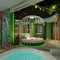 Hotel Guest Room With Green Walls Starry Ceiling Birdcage Bed Stone Path And Butterfly Decorations