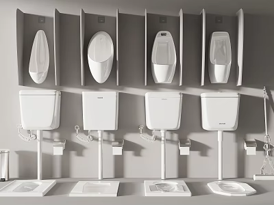 Modern Urinals Arranged In Row On Bathroom Wall With Tanks Below 3d model