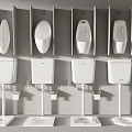 Modern Urinals Arranged In Row On Bathroom Wall With Tanks Below