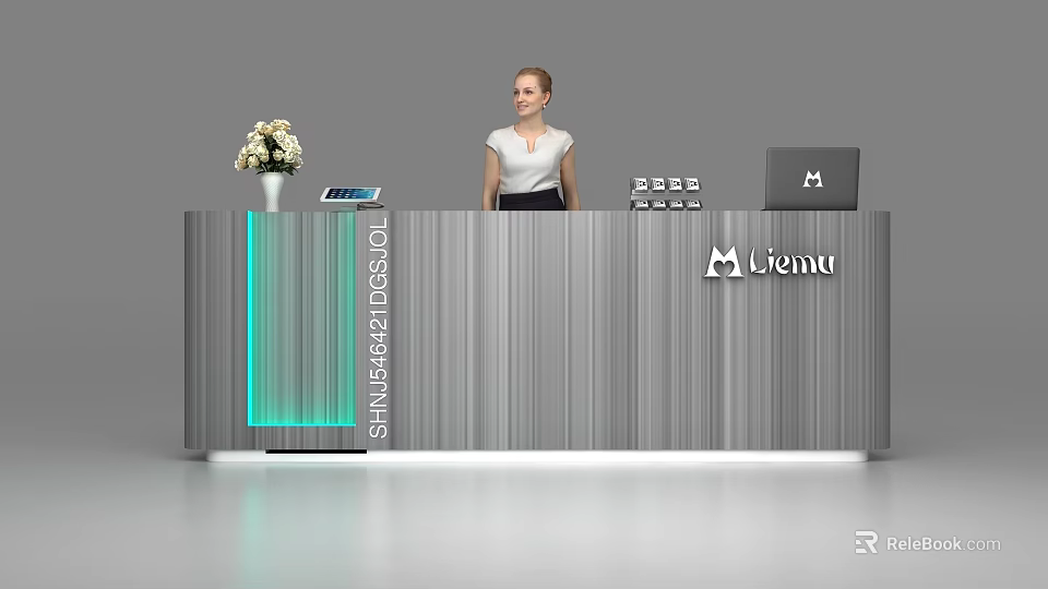 Modern Stylish Reception Desk With Striped Design Flower Arrangement Miemu Logo And Laptop 3d model 