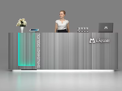 Modern Stylish Reception Desk With Striped Design Flower Arrangement Miemu Logo And Laptop 3d model