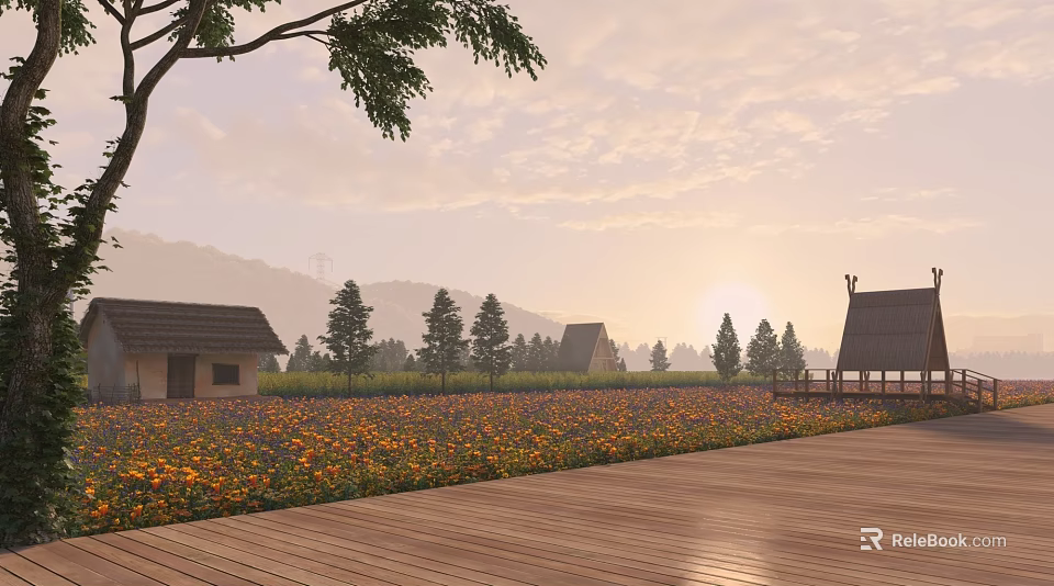 Tranquil Rural Landscape With Colorful Flower Field Wooden Cottages Trees And Sunset View 3d model 