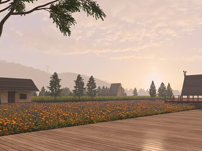 Tranquil Rural Landscape With Colorful Flower Field Wooden Cottages Trees And Sunset View 3d model