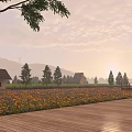 Tranquil Rural Landscape With Colorful Flower Field Wooden Cottages Trees And Sunset View