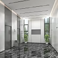 Modern Office Corridor With Elevators Marble Flooring Potted Plants Windows And Linear Ceiling Lights 3d model