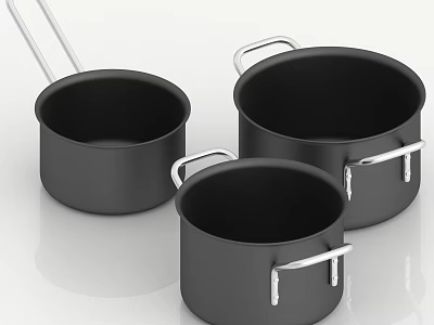 Three Black Cooking Pots With Silver Handles Modern Kitchen Cookware Set 3d model
