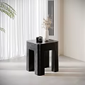 Black Sleek Side Table With Camera White Vase Dried Flowers Green Plants And White Curtains