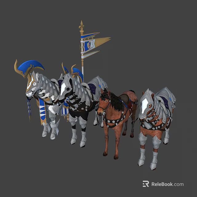 Decorative Armored Horses With Blue Flag And Colorful Varied Coat Designs 3d model 