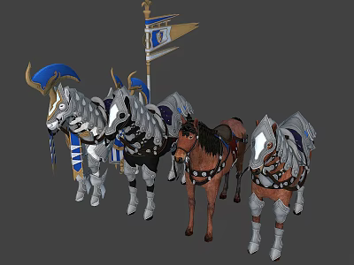 Decorative Armored Horses With Blue Flag And Colorful Varied Coat Designs 3d model